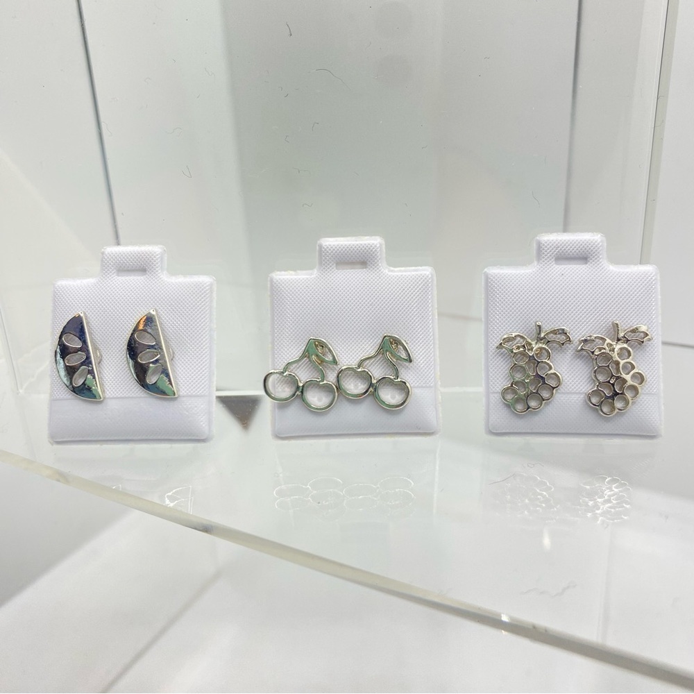 Watermelon/ Cherries/ Grapes Silver-Tone Stud Pierced Earring Set Of 3